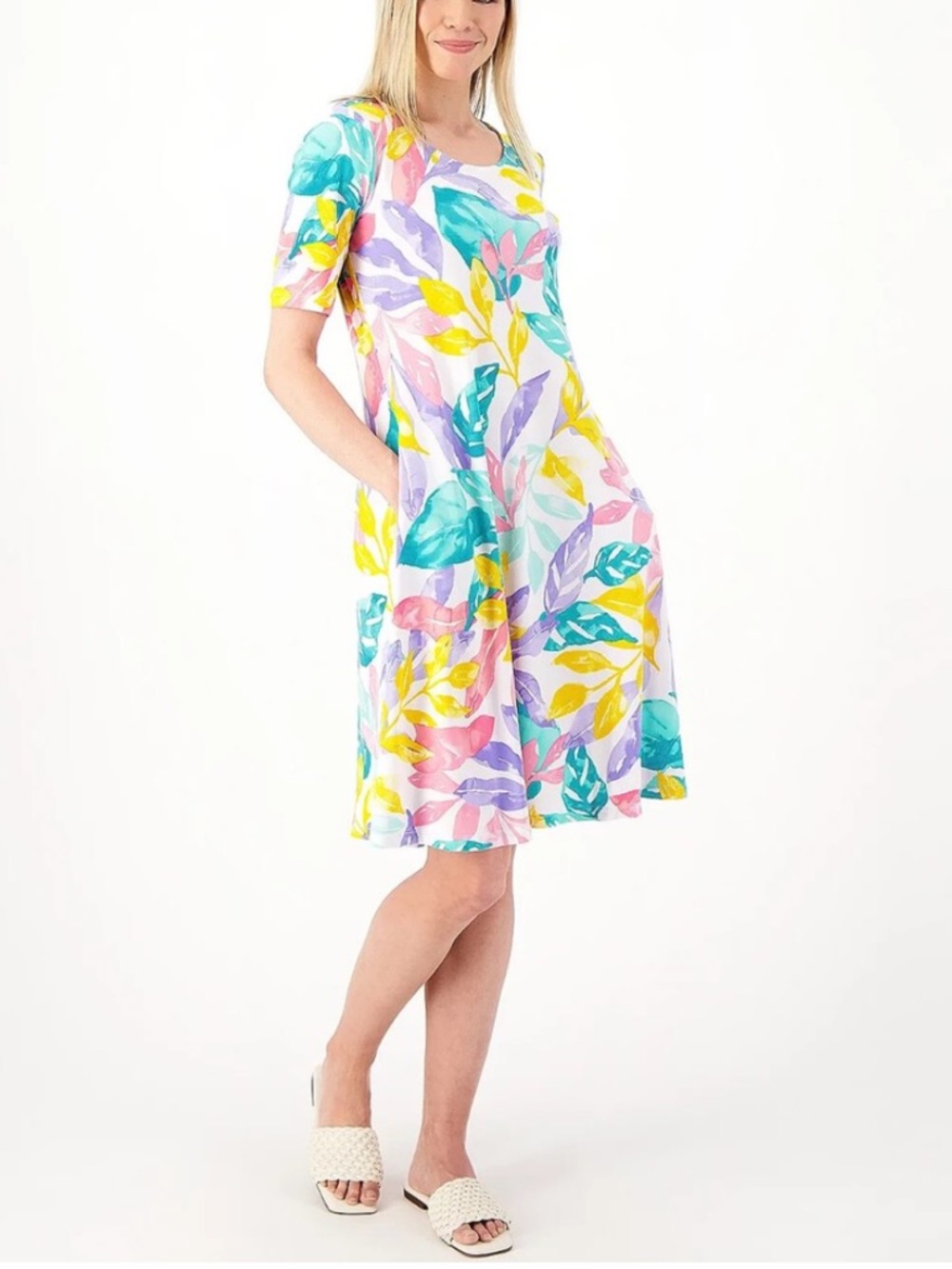 Susan Graver Liquid Knit Fit & Flare Dress - L Tropical Floral with Pockets